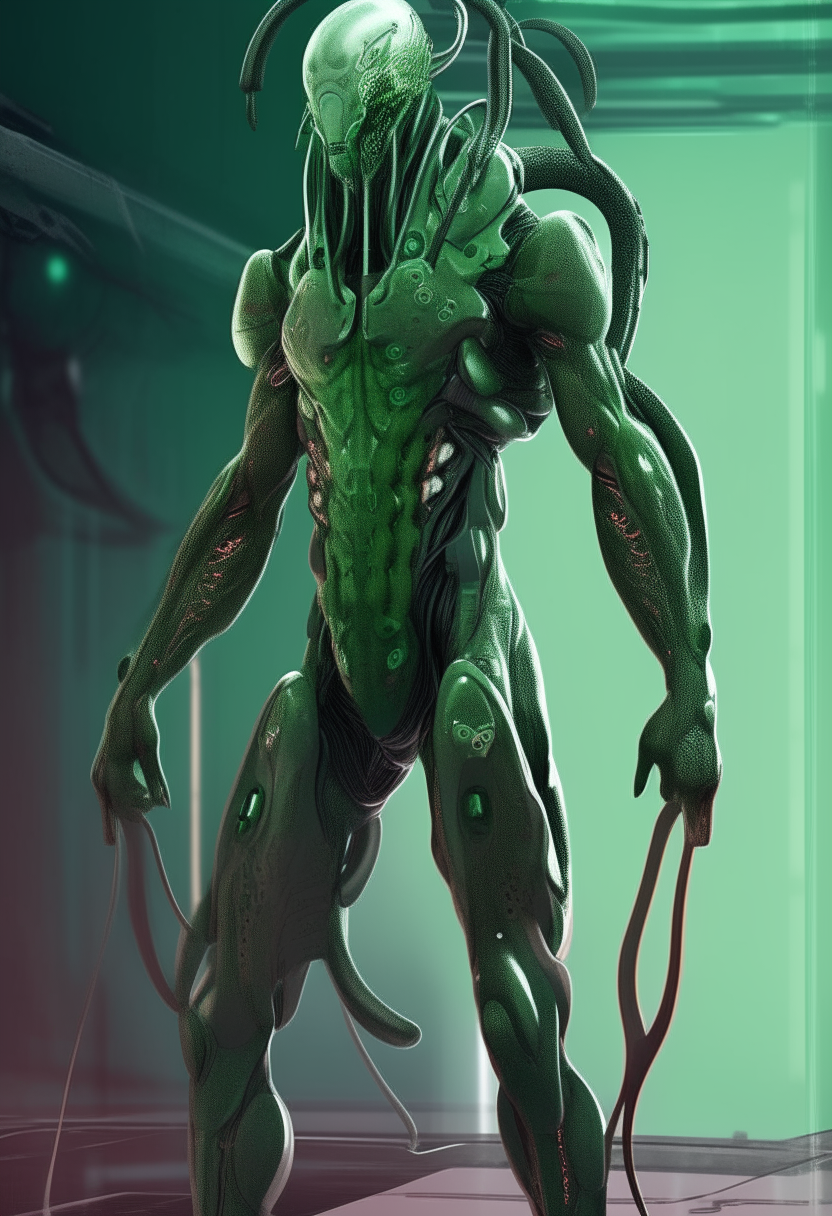 A tall, muscular male humanoid with green chameleon skin, a long prehensile tail, large eyes on stalks, and futuristic cyberpunk armor and weapons, digital art