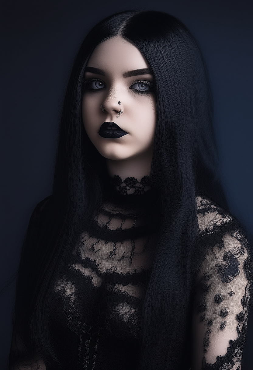 A pale teenage girl with long black hair, dark eye makeup, black lipstick, wearing a black lace dress, choker necklace and fishnet gloves, portrait artwork