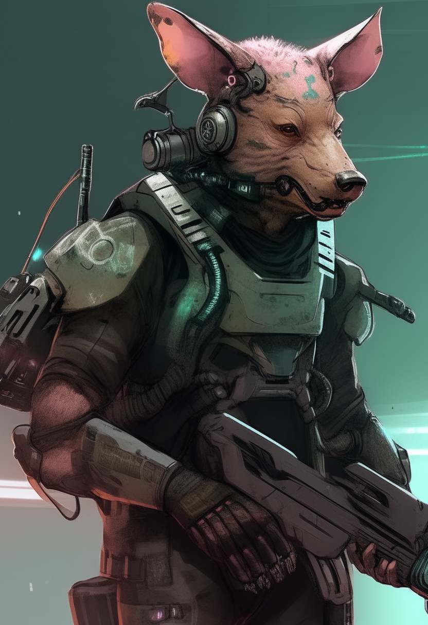 A fierce cyberpunk human-wild boar hybrid soldier wearing futuristic armor, holding a plasma rifle, manga art by Yoh Yoshihari