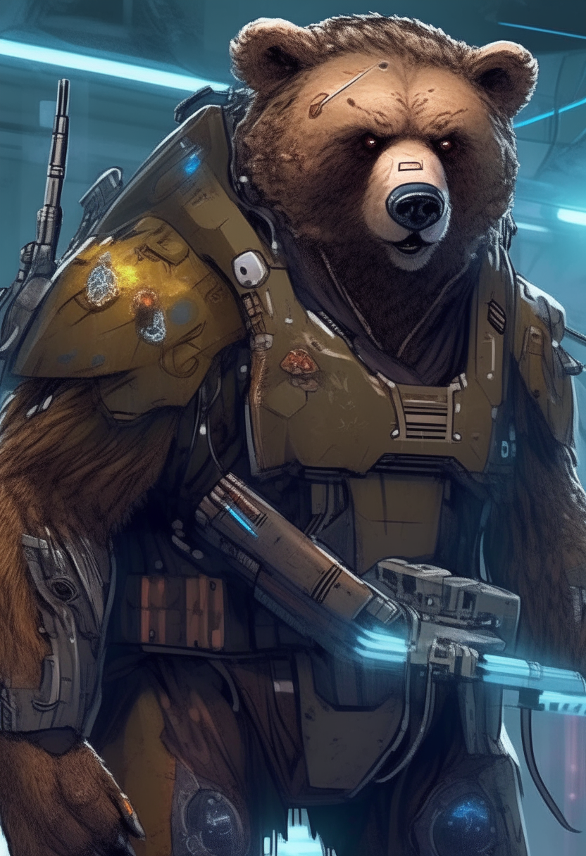 A massive cyberpunk human-grizzly bear hybrid soldier wearing futuristic armor, holding a railgun cannon, manga art by Yoh Yoshihari