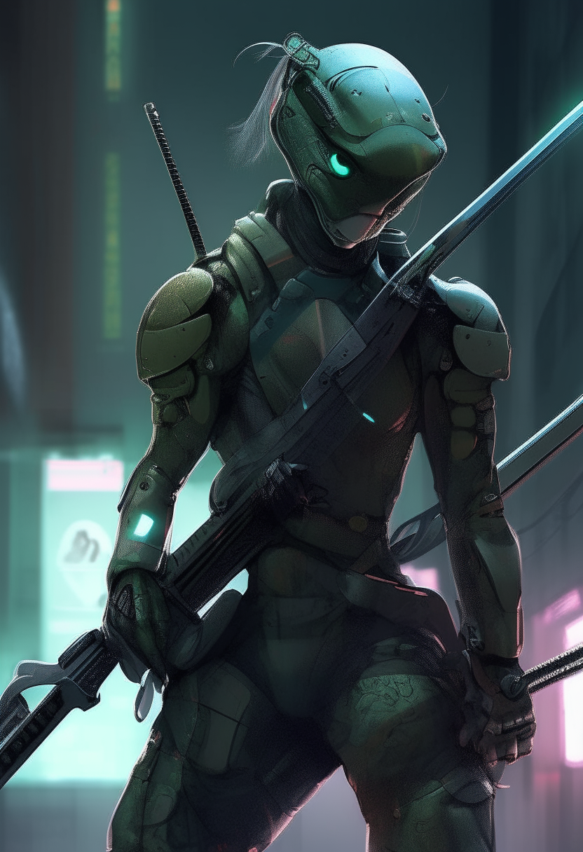 A stealthy cyberpunk human-chameleon hybrid soldier wearing futuristic armor, holding a katana, manga art by Yoh Yoshihari