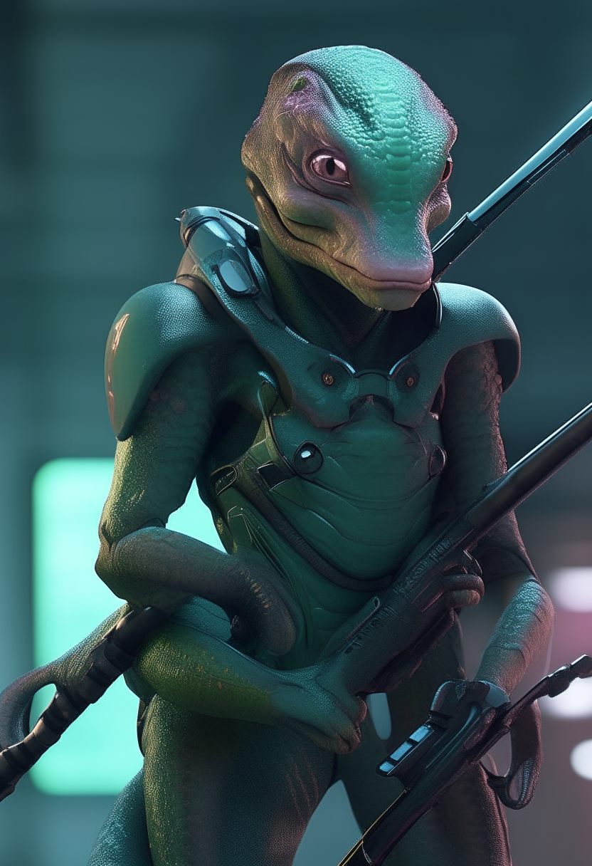 A cyberpunk human-chameleon hybrid soldier with a human face but large chameleon eyes, wearing futuristic armor and holding a katana