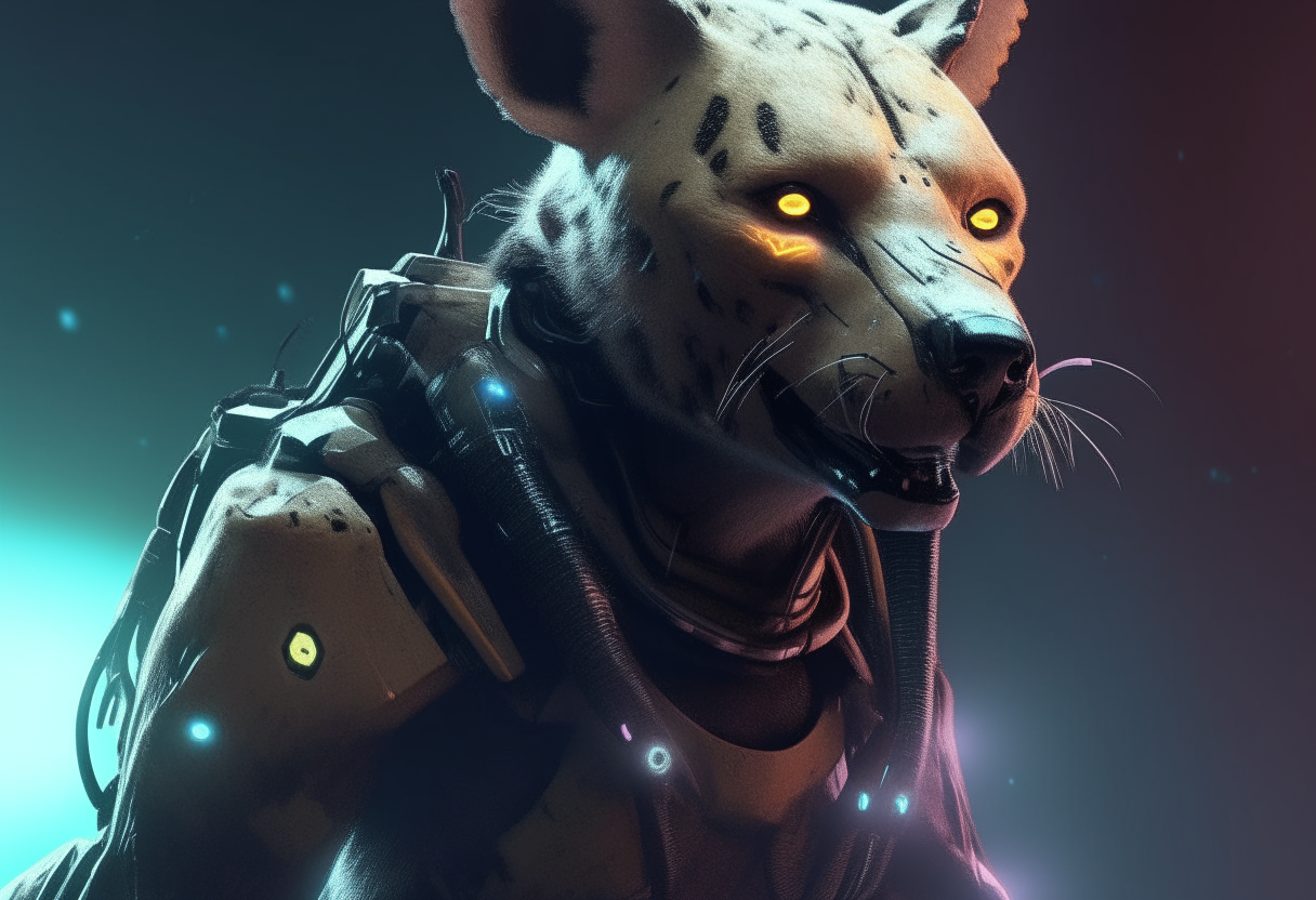 A fierce futuristic hyena-human hybrid soldier wearing armor, dodging laser beams, digital art