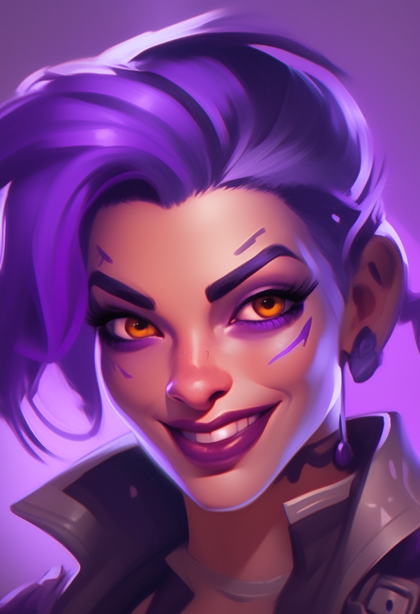 a portrait of sombra from overwatch game, purple hair, smirking, detailed facial features