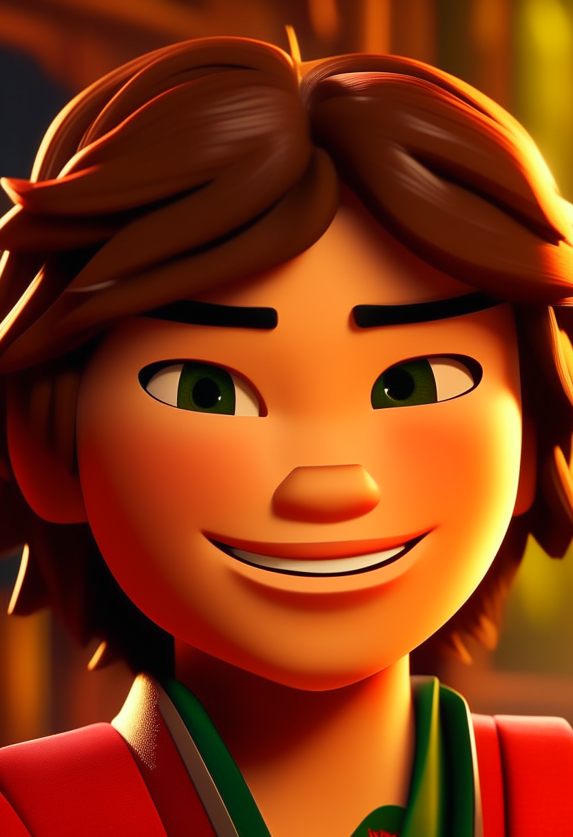 A close up portrait of Kai from Ninjago looking lovingly at the camera, with rosy cheeks and a warm smile