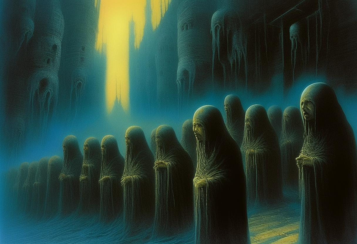 Within the catacombs of a forgotten city, a choir's melancholy harmony stirs spirits from their eternal slumber, illuminating the darkness with ethereal glows. Channel the depth and mystery of Zdzisław Beksiński's dystopian works and the echoes of gothic choirs. Seek photorealism, dominated by luminescent spirits and echoing silences