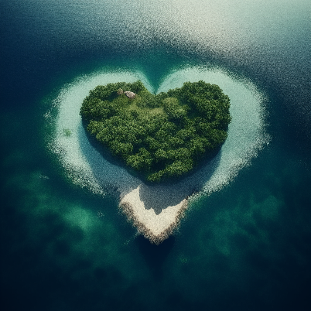 a heart-shaped island, in the middle of the ocean, national geographic photo, birds-eye-view cinematographic Cinematic, Photoshoot, Shot on 25mm lens, Depth of Field, Tilt Blur, Shutter Speed 1/1000, F/22, White Balance, 32k, Super-Resolution, Pro Photo RGB, Half rear Lighting, Backlight, Dramatic Lighting, Incandescent, Soft Lighting, Volumetric, Conte-Jour, Global Illumination, Screen Space Global Illumination, Scattering, Shadows, Rough, Shimmering, Lumen Reflections, Screen Space Reflections, Diffraction Grading, Chromatic Aberration, GB Displacement, Scan Lines, Ambient Occlusion, Anti-Aliasing, FKAA, TXAA, RTX, SSAO, OpenGL-Shader’s, Post Processing, Post-Production, Cell Shading, Tone Mapping, CGI, VFX, SFX, insanely detailed and intricate, hyper maximalist, elegant, dynamic pose, photography, volumetric, ultra-detailed, intricate details, super detailed, ambient