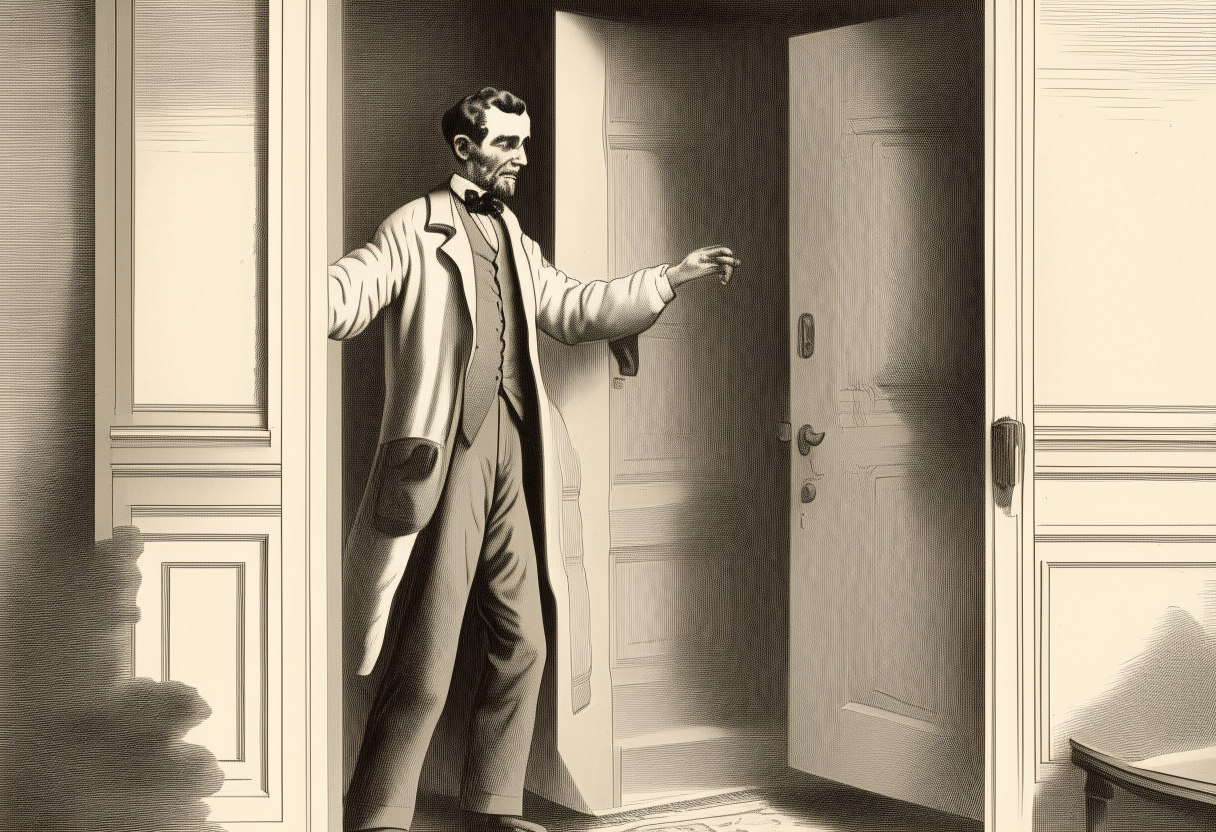 Abraham Lincoln opening the door of the house 