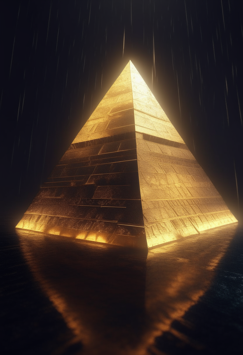 an image of a pyramid in the rain, golden aura, 3 d animated, black energy, gold ratio, sparkle, redshift, by Nōami, golden rule, magical shiny skin, pfp, golden gates, pyramid scheme, volumetric object, eternal, illuminated