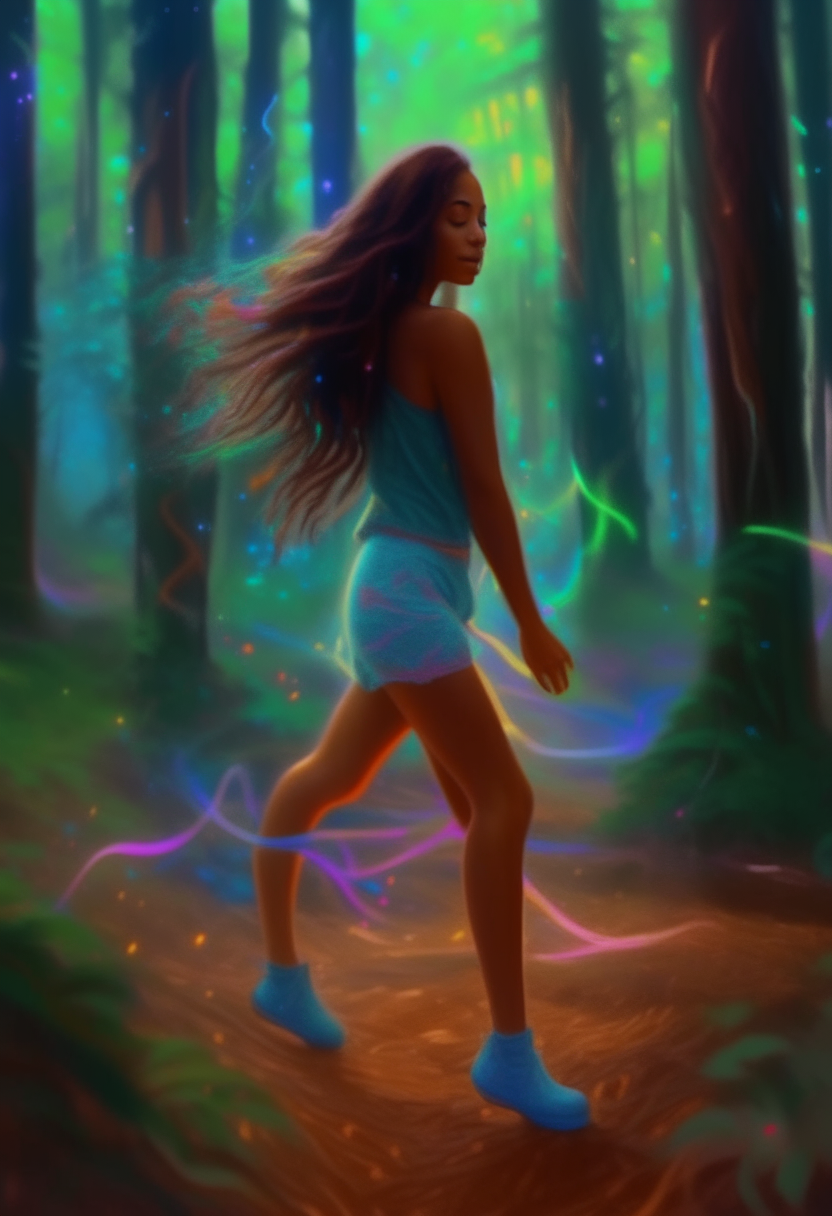 a beautiful mixed race brown woman with long hair and cute neon shoes dancing in the middle of a forest, high definition, hyper realisim, digital painting, bright colorful, beautiful, unblurred 4k ultra