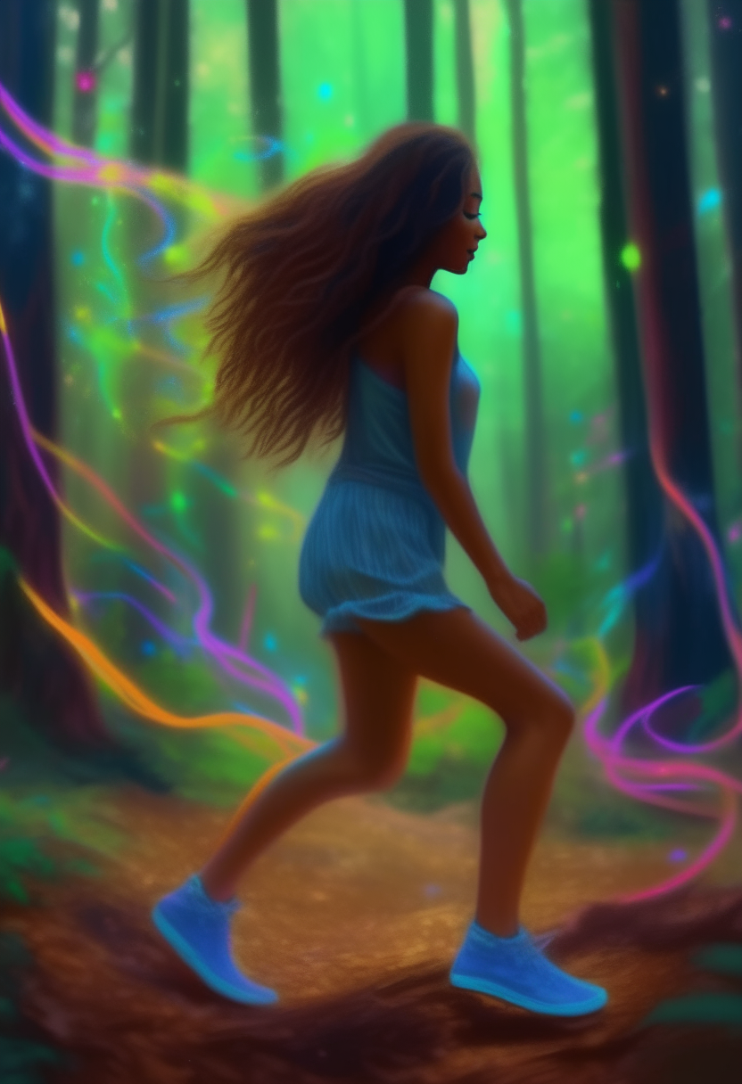 a beautiful mixed race brown woman with long hair and cute neon shoes dancing in the middle of a forest, high definition, hyper realisim, digital painting, bright colorful, beautiful, unblurred 4k ultra