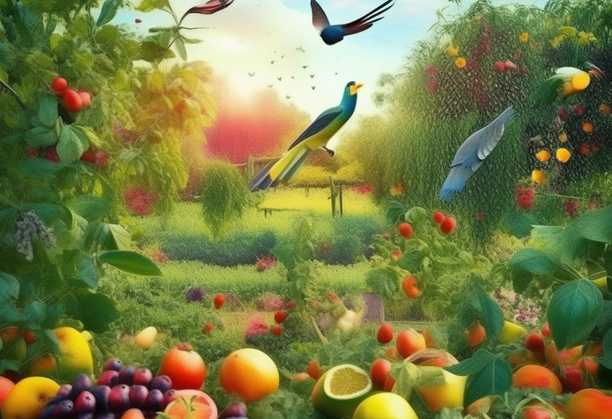 Beautiful and fertile garden with various colorful fruits and herbs and  colorful birds flying 