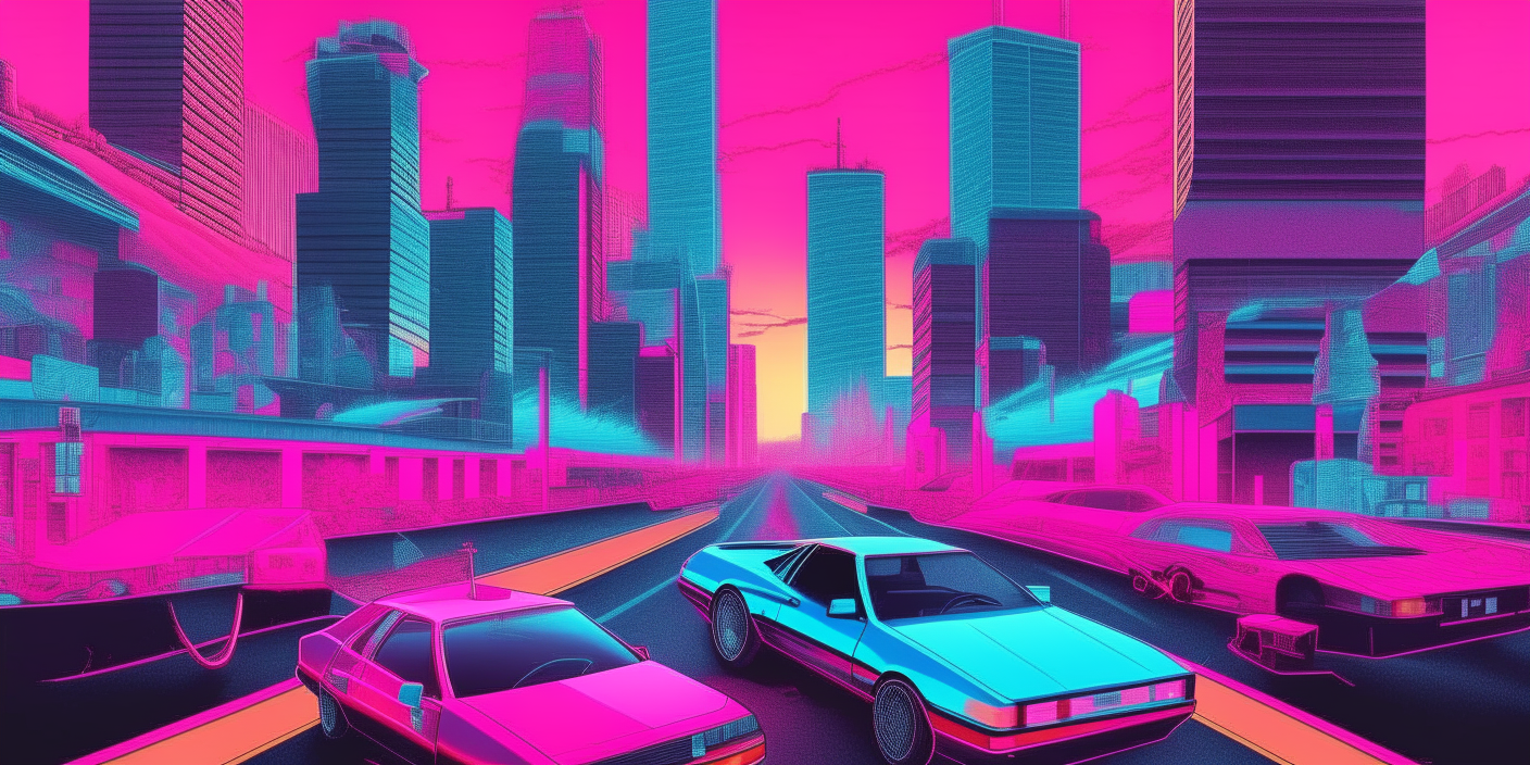 Create an image of a city center from the 1980s. The image should contain people and sports cars like a mustang and the image colors are bright neon blue and pink