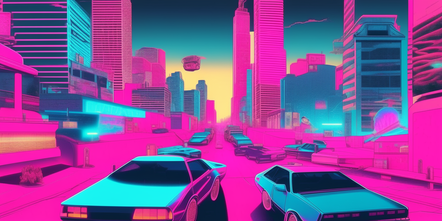 Create an image of a city center from the 1980s. The image should contain people and sports cars like a mustang and the image colors are bright neon blue and pink