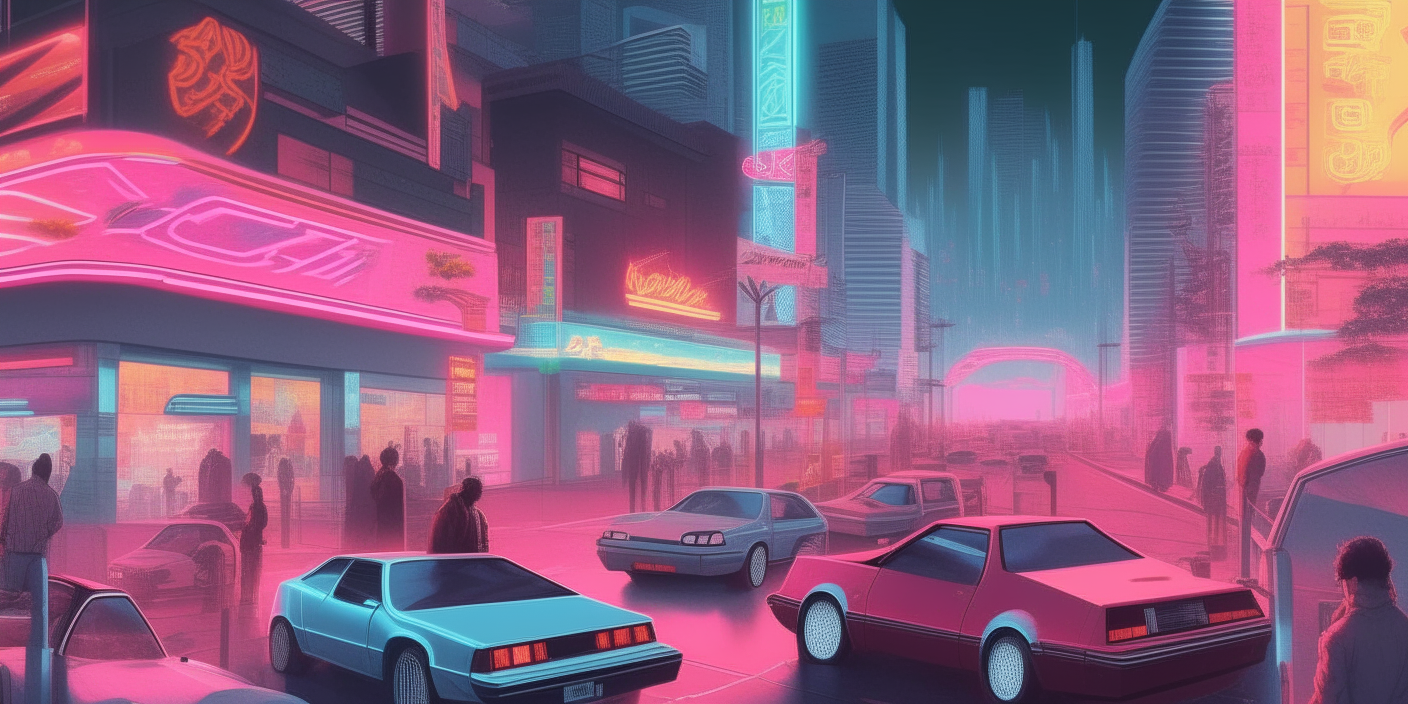 a realistic 1980s city center with neon lights, sports cars and people