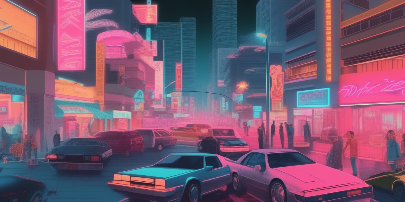 a realistic 1980s city center with neon lights, sports cars and people