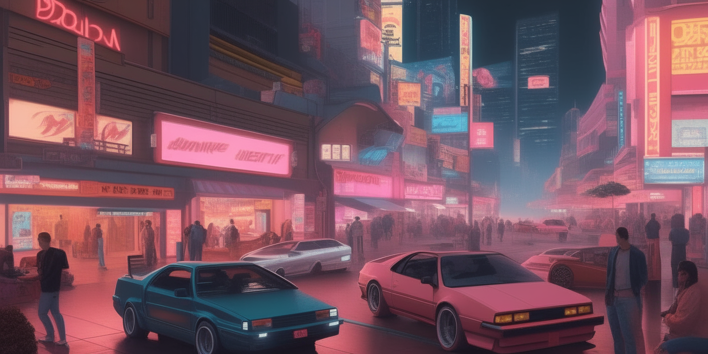 a highly realistic 1980s city center with neon lights, sports cars and people