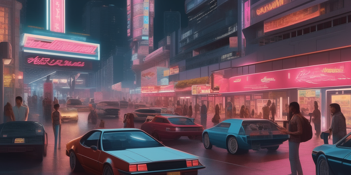 a photorealistic 1980s city center with neon lights, sports cars and people