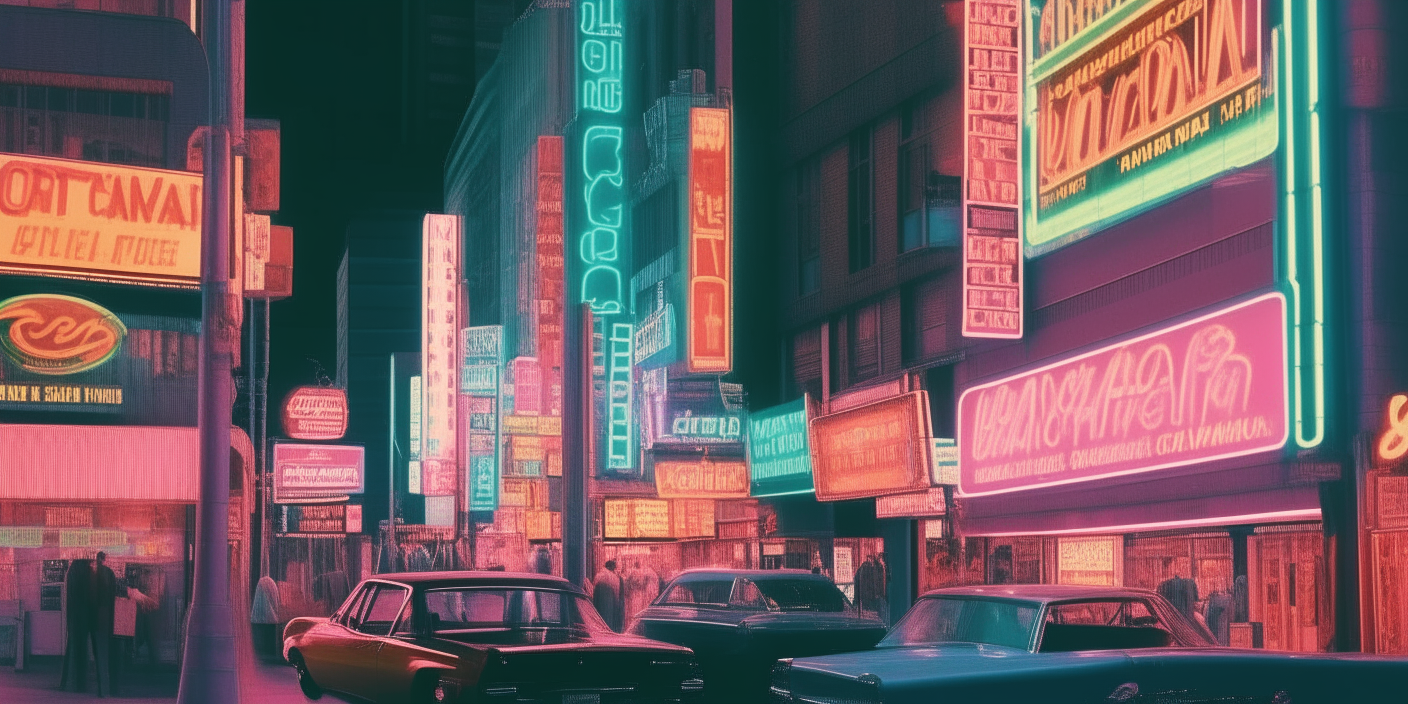 a city street scene with neon signs, cars and tall buildings