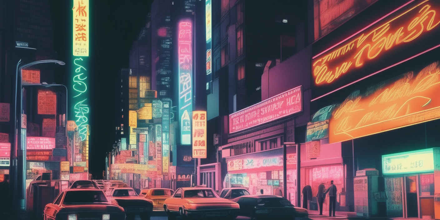 a city street scene at night with neon signs, cars and skyscrapers
