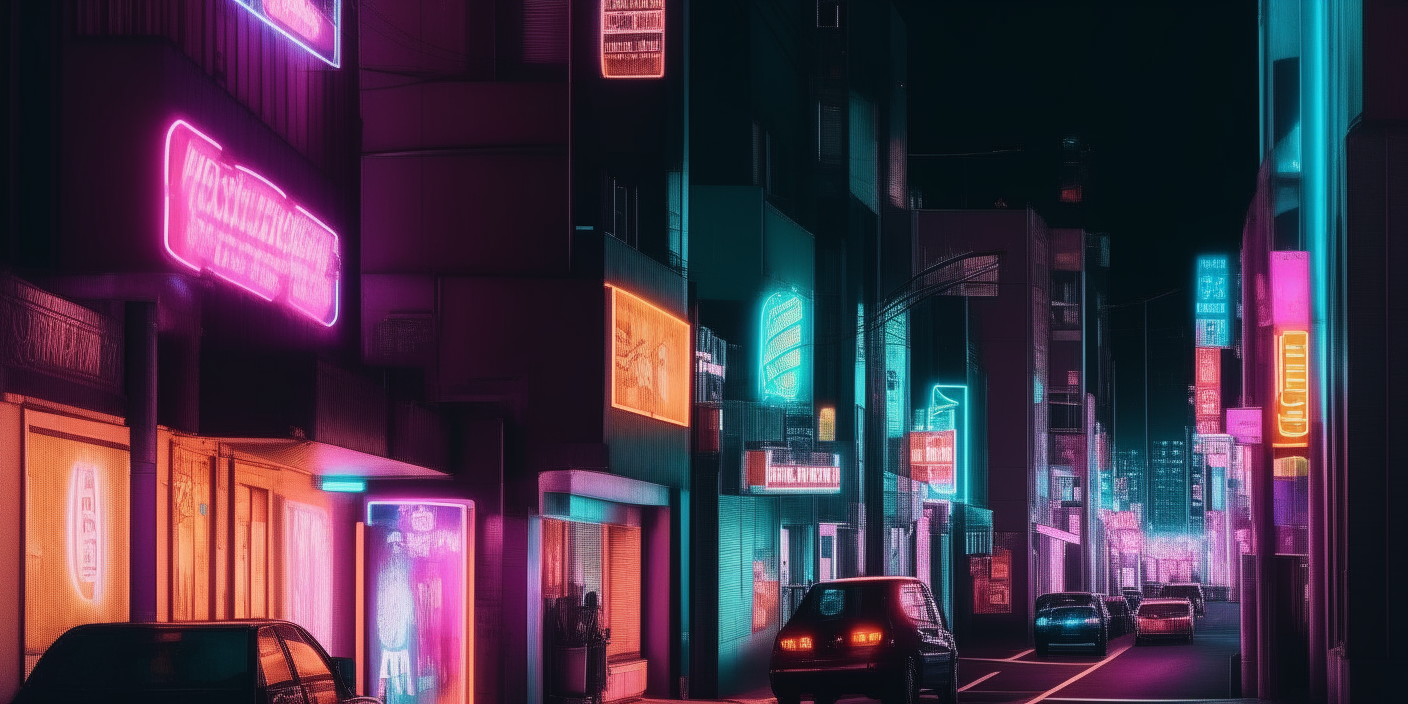 a neon lit city street scene at night with lighter colors