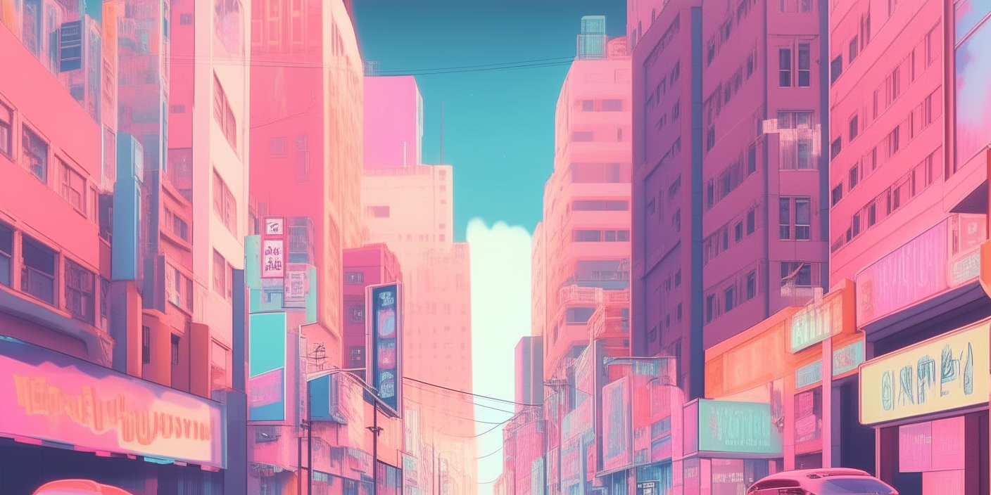 a city street with tall buildings and neon signs in soft pastel colors