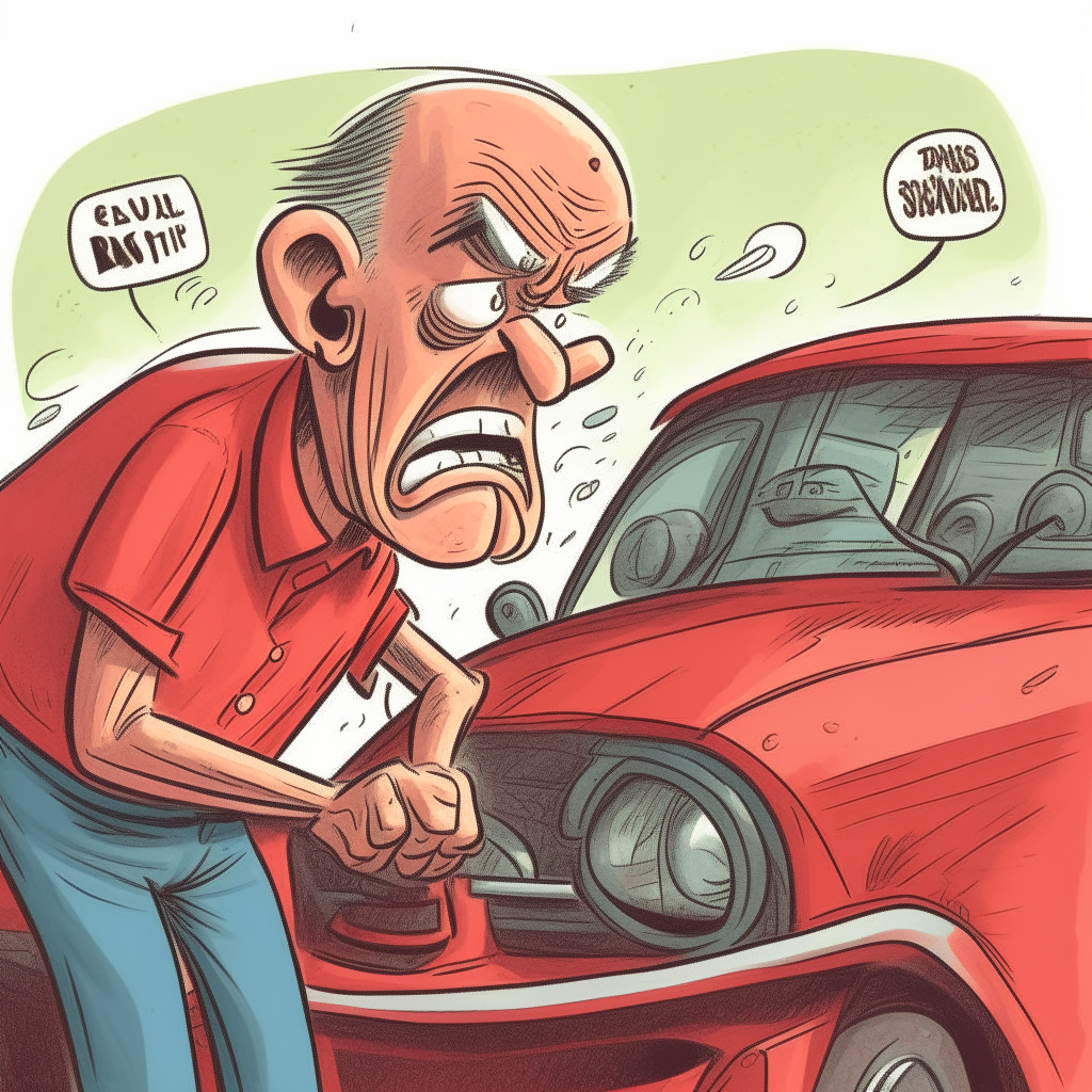 One weekday morning, man was getting ready to head to work when his old car wouldn't start. As he repeatedly tried to start the engine, frustration built up inside him. He grew angrier, and his face turned red. Clenching his fists, he began kicking the car's wheels in anger. Cartoon stlye
