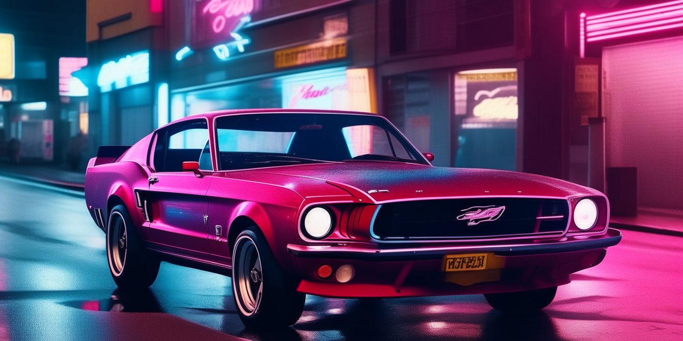 A red Ford Mustang driving down a city street at night in the 1980s, surrounded by neon signs and lights in bright pink and blue colors.