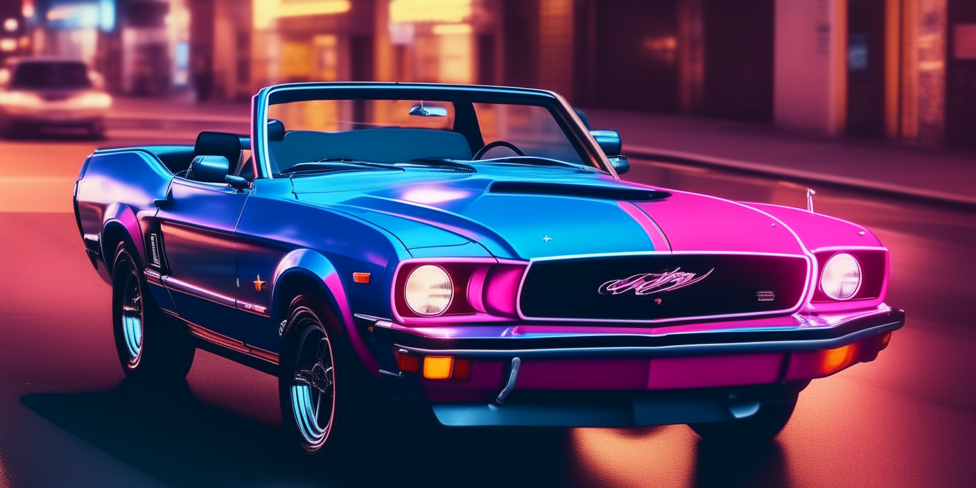 A blue Ford Mustang convertible driving fast down a city street in the 1980s, with neon signs in bright pink and blue colors all around.