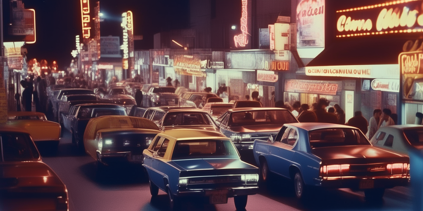 a city street at night in 1980 filled with neon signs, cars, people