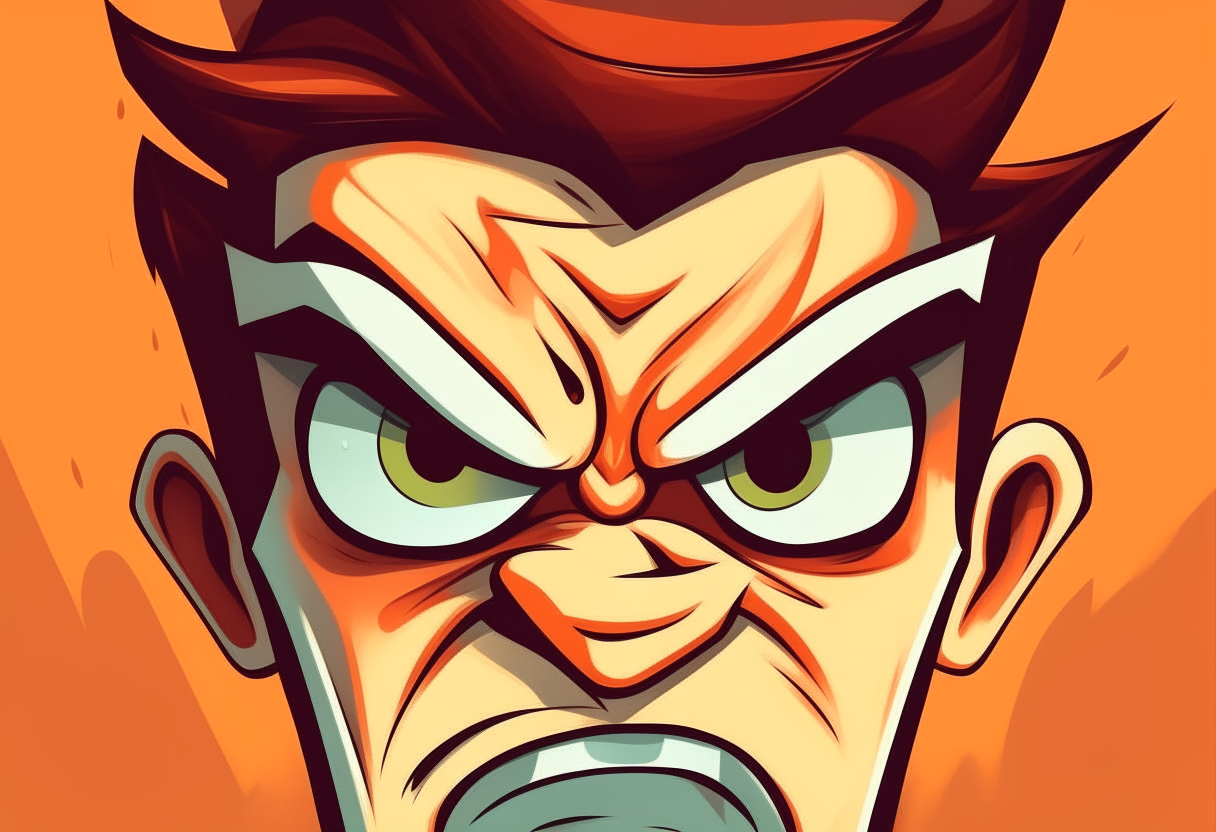 Fierce Expression: The person's face is contorted with anger, their eyebrows are furrowed, and their eyes appear intense and fiery. cartoon style
