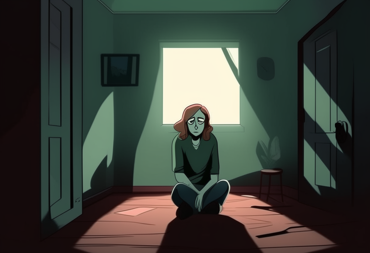 Anna sits alone in a room, surrounded by dark shadows and confused thoughts. cartoon style