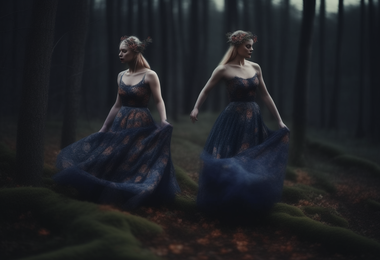 hermosas diosas brujas nordicas con vestidos desgarrados, fogata, bosque magico oscuro 4k fotorealista danza , ritual