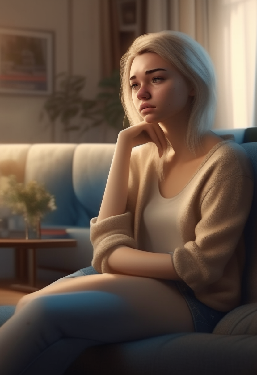 a very beautiful girl, blonde, sitting on the sofa in her cozy apartment, HD, 4k, hyper real 