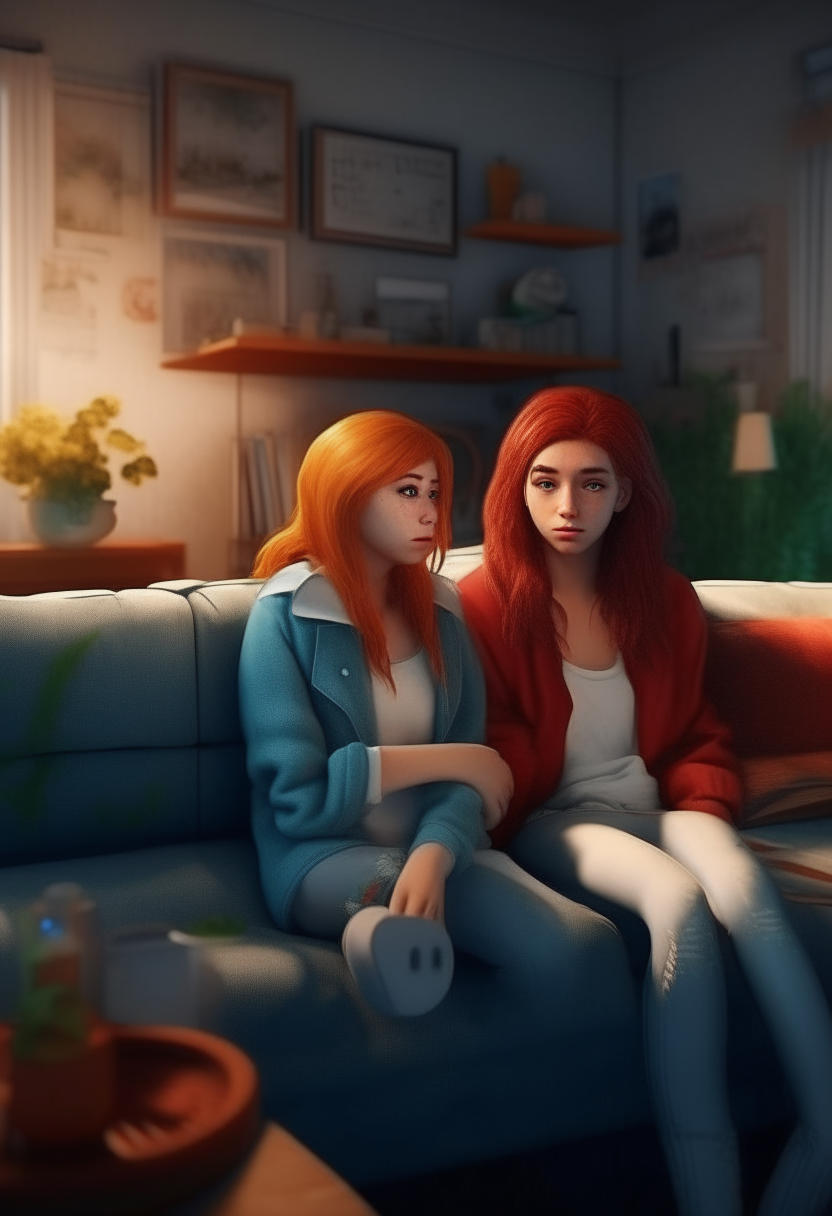 format 9:16, a very beautiful girl, blonde, sitting on the sofa in her cozy apartment, with her red-haired friend, very beautiful, HD, 4k, hyper realistic