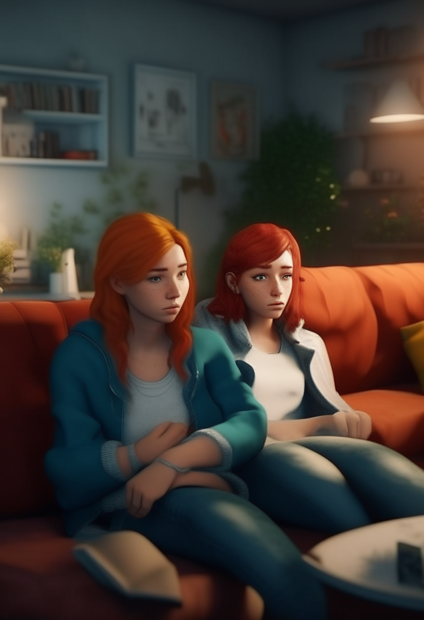 format 9:16, a very beautiful girl blonde, sitting on the sofa in her cozy apartment, with her red-haired friend, very beautiful, HD, 4k, hyper realistic