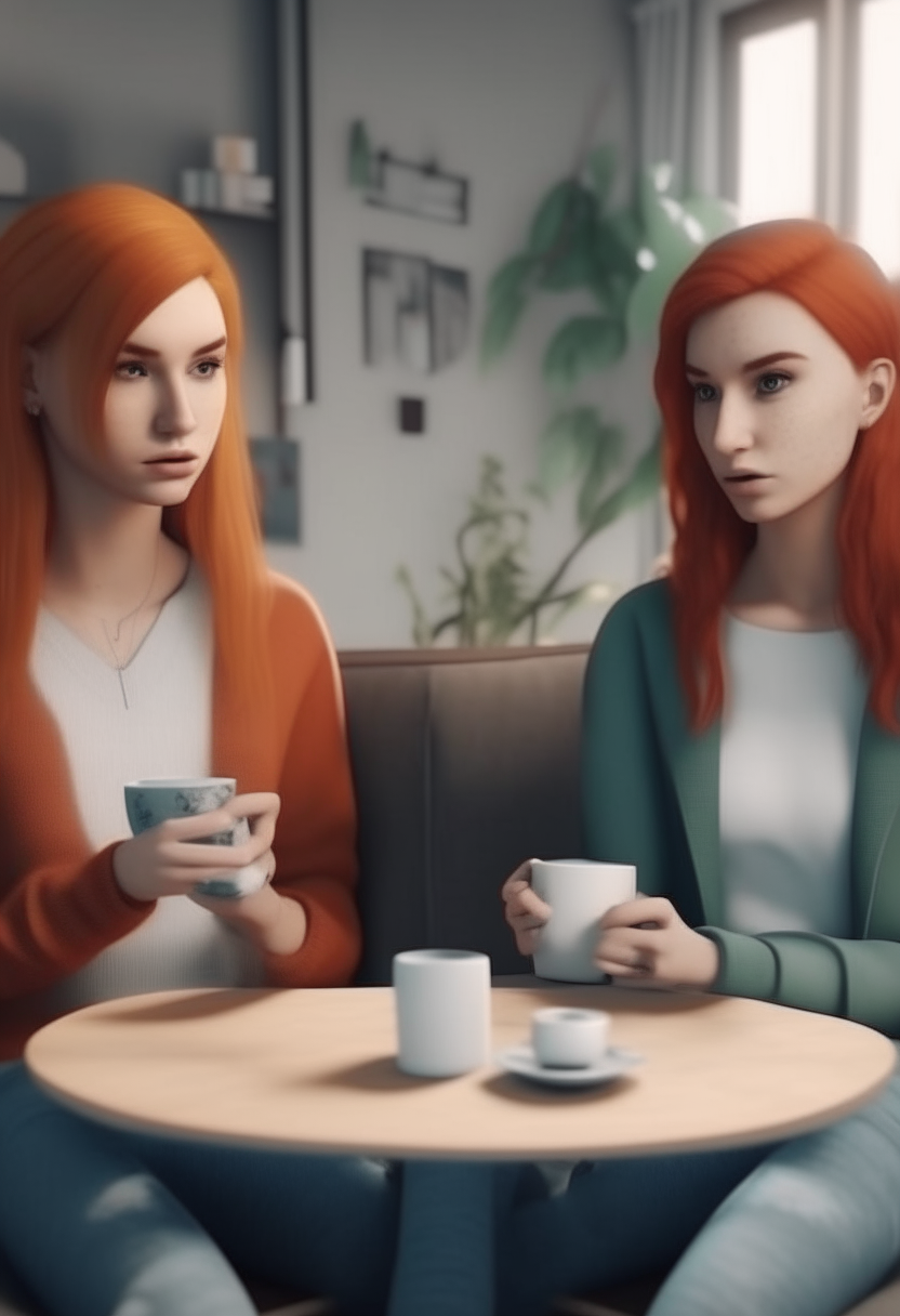 
format 9:16, 2 women. one very beautiful and blonde, the other redhead, sitting on the sofa in her cozy apartment, with a table with coffee, HD, 4k, hyper realistic