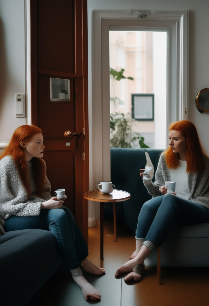 
The door of an open living room, 2 redheaded women drinking coffee sitting on the sofa, looking at the door