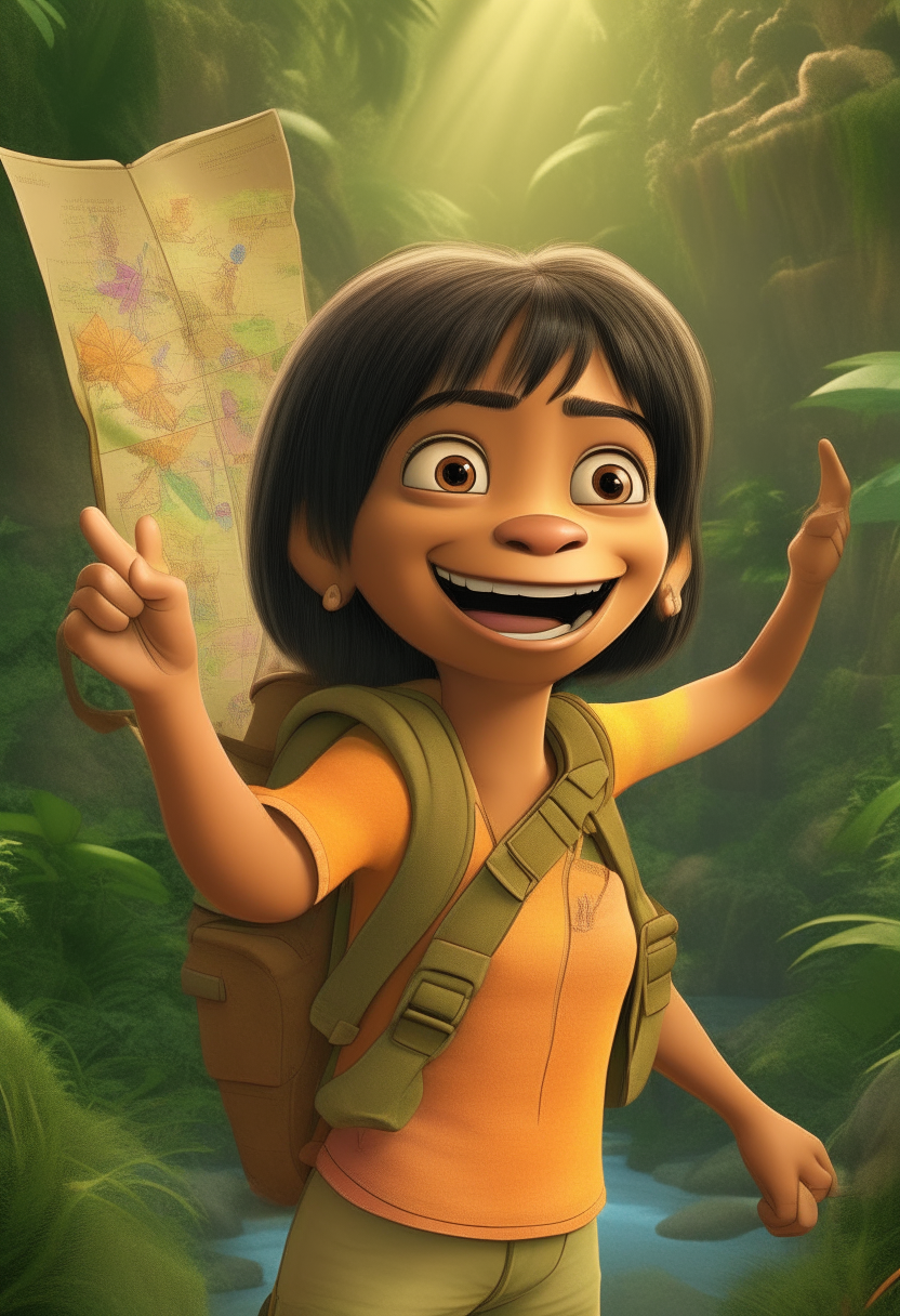 Dora the Explorer waving and smiling, standing in a jungle holding a map, high resolution digital art