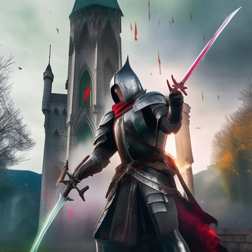 a man in a knight outfit holding a sword in front of a castle with changing colors and particle effects