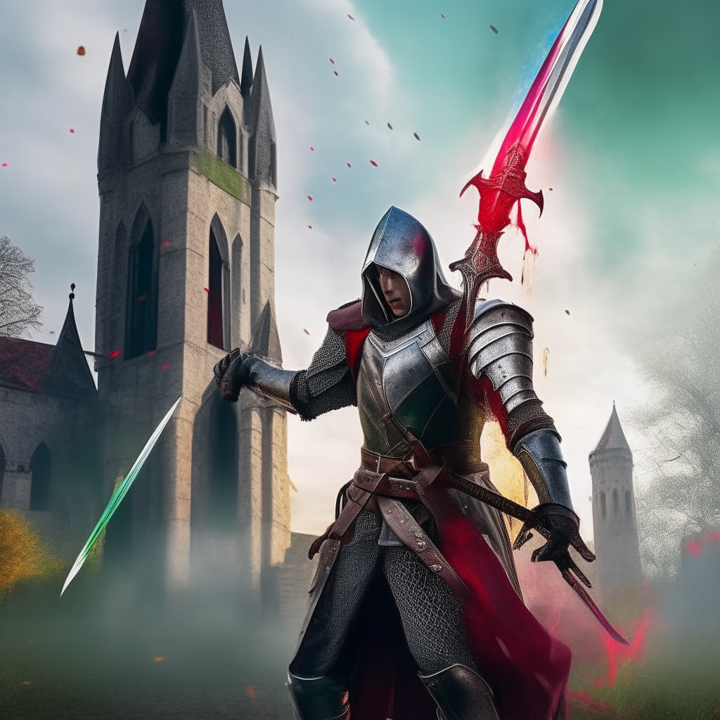 a man in a knight outfit holding a sword in front of a castle with changing colors and particle effects