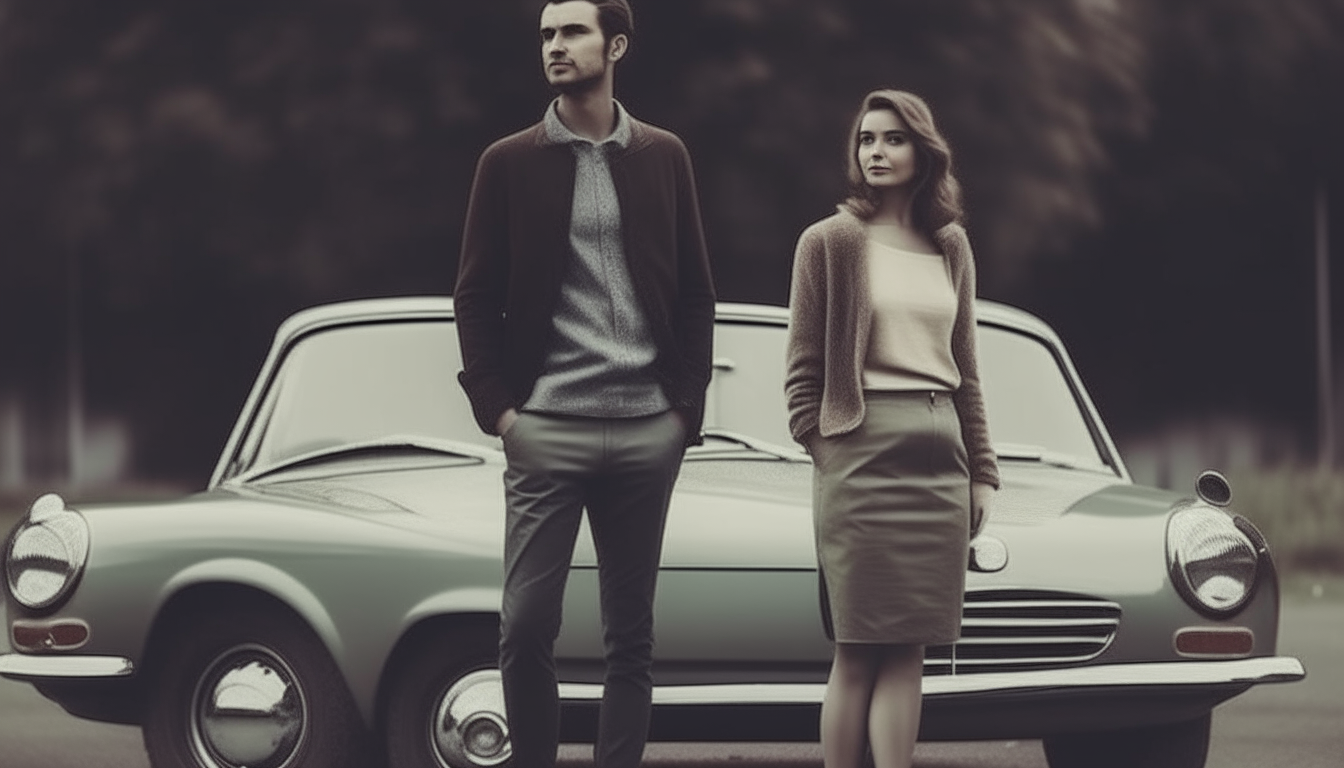 create similar image to the original photo of a man and woman standing next to a car