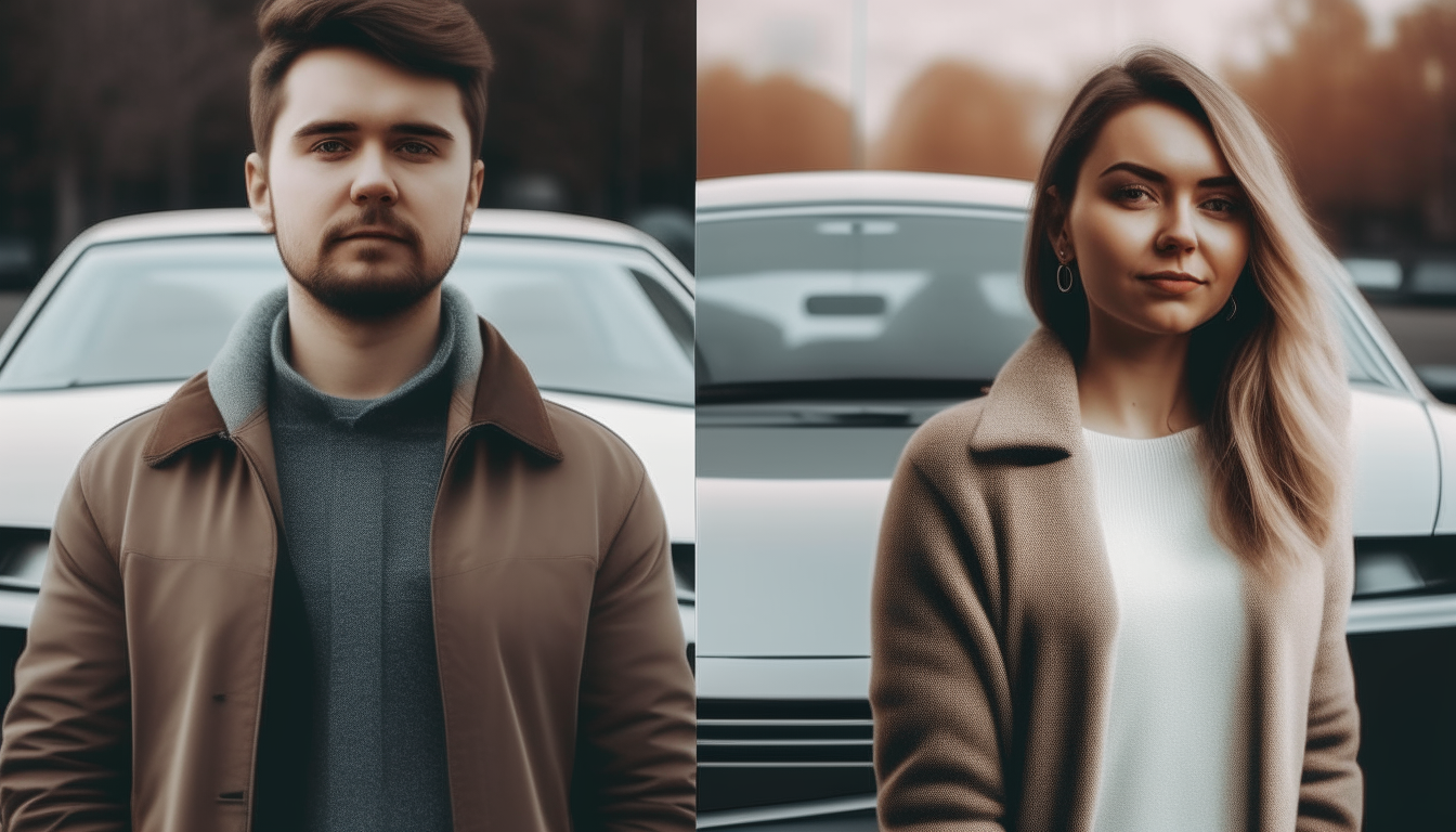 generate a second new image that looks similar to the original photo of a man and woman beside a car