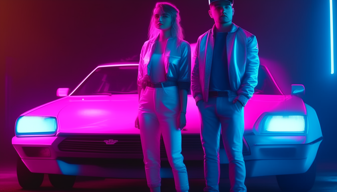 a photo of a man and a woman standing beside a car with neon blue and neon pink lighting