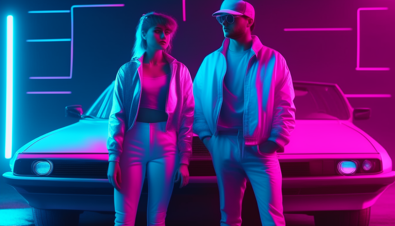 generate a second new photo of a man and woman next to a car with neon blue and neon pink lighting like the original image