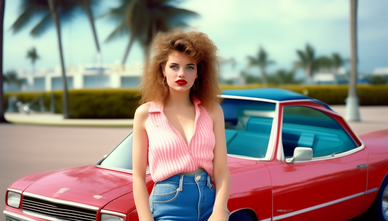 Beautiful young woman with big curly 1980's hair, red lipstick and blue eyeshadow, wearing a pink off the shoulder top, high waisted jeans, and white heels. She is leaning against a red Ford Mustang convertible on Ocean Drive in 1980's Miami, with art deco hotels and palm trees in the background.