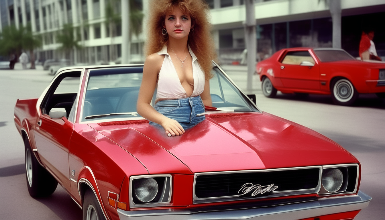 Generate another similar photo of a gorgeous 1980's woman with big hair, makeup and fashion posing next to a red Ford Mustang convertible on a street in 1980's downtown Miami, Florida.