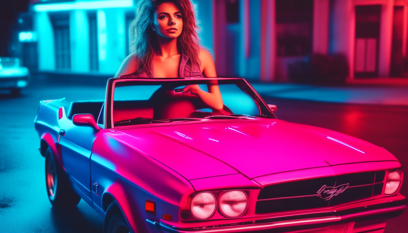 Recreate image 8 showing a beautiful young woman in 1980s fashion posing next to a red Ford Mustang convertible on a street in downtown Miami, with neon blue and neon pink lighting