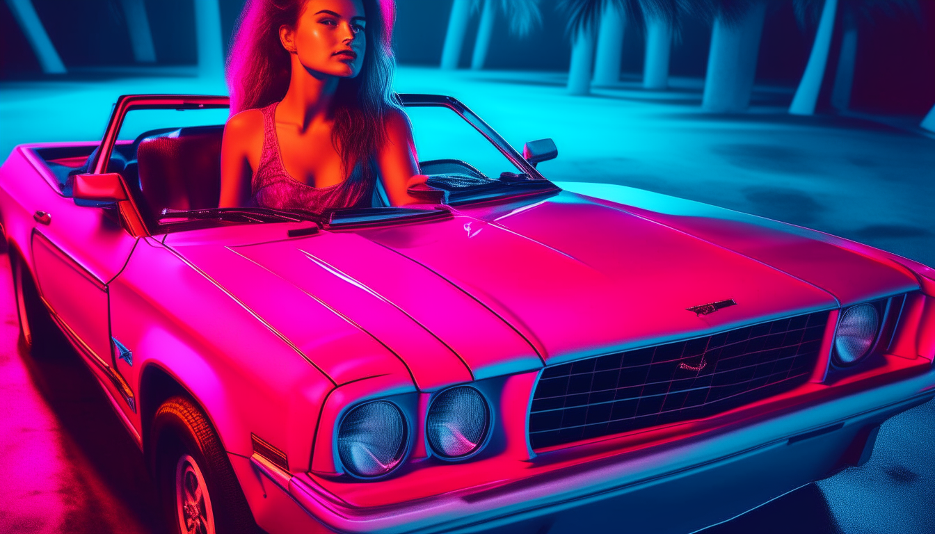 Generate another image recreating the photo from image 8 of a pretty 1980s woman by a red Mustang convertible in Miami, this time with vibrant neon blue and neon pink lighting