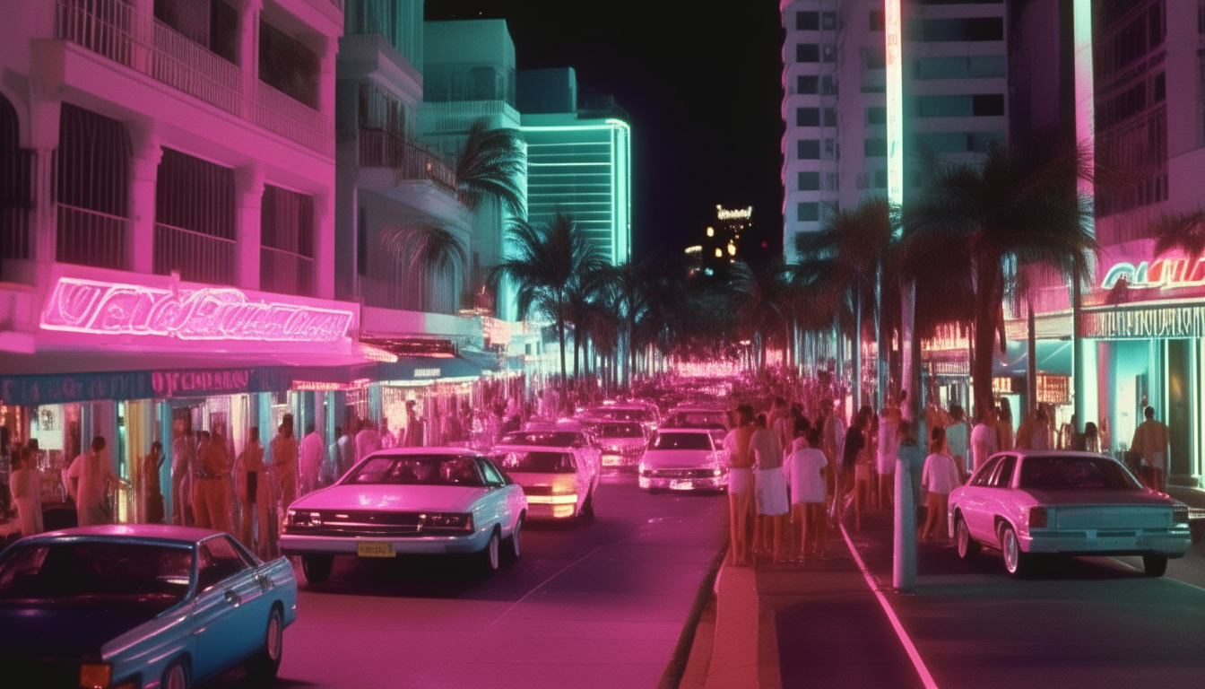 A busy street in downtown Miami, Florida in 1984 at night. Many people walking wearing 1980s fashion. Bright neon pink and blue lights shining on the art deco buildings, hotels, restaurants, and palm trees.